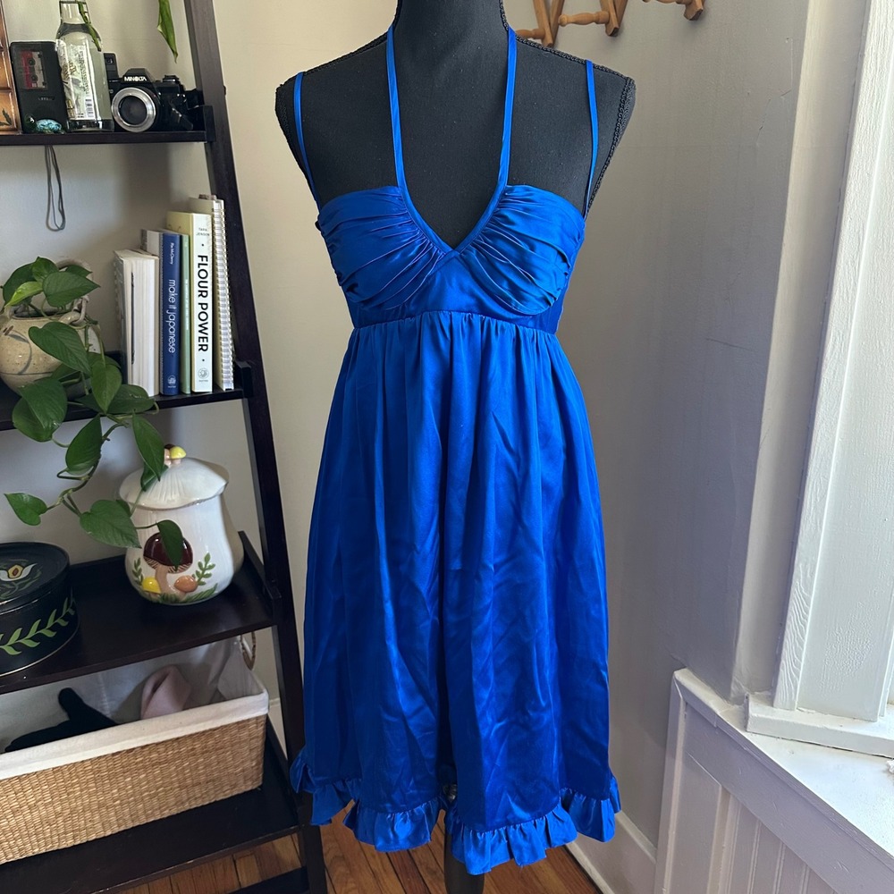 Betsey Johnson Y2k Vtg Royal Blue 100% Silk Halter Ruffle Mini Dress Size‎ 2